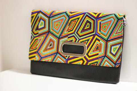 African Print and Faux Leather Oversize Clutch w/chain